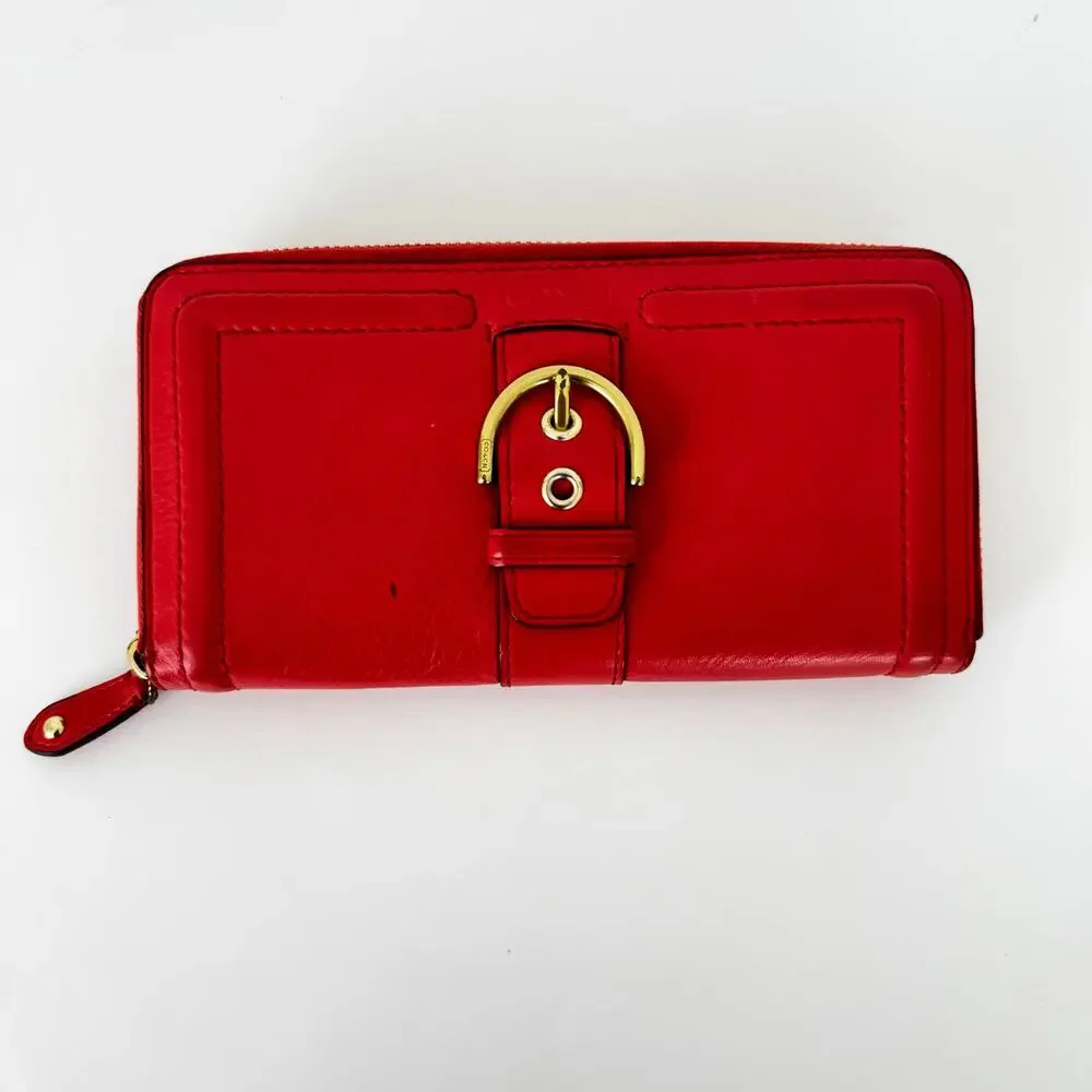 Coach Campbell Zip Around Leather Accordion Wallet in Red with Buckle Accent